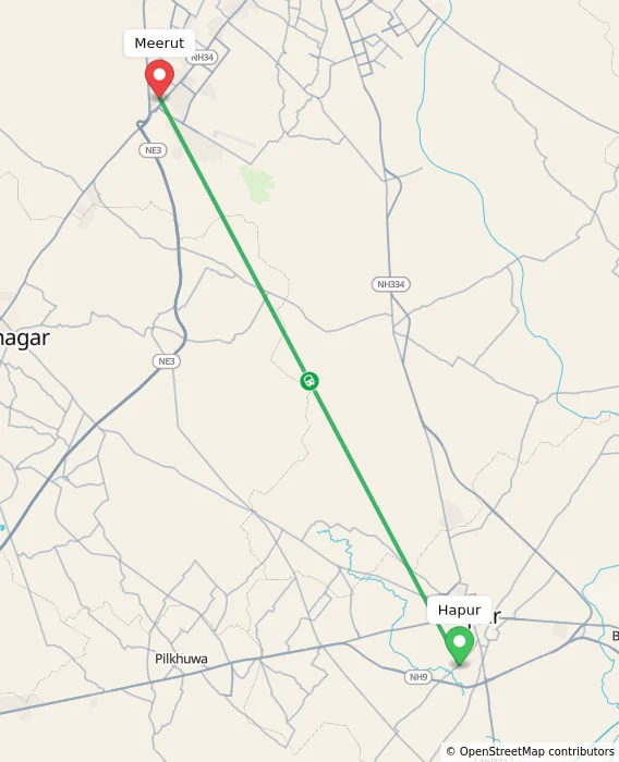 Route map showing distance and travel time from Hapur, India to Meerut, India