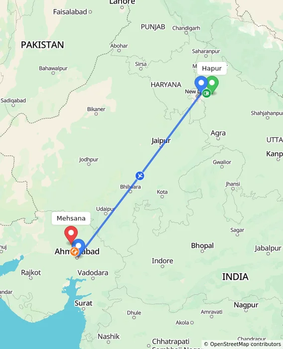 Route map showing distance and travel time from Hapur, India to Mehsana, India
