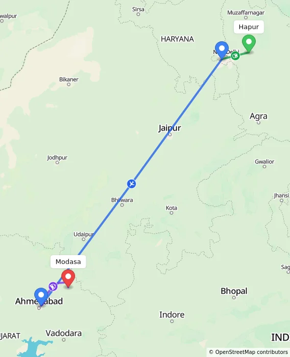 Route map showing distance and travel time from Hapur, India to Modasa, India