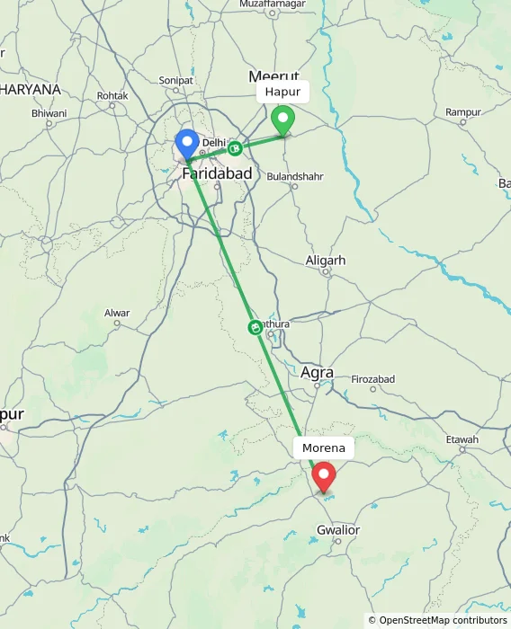 Route map showing distance and travel time from Hapur, India to Morena, India