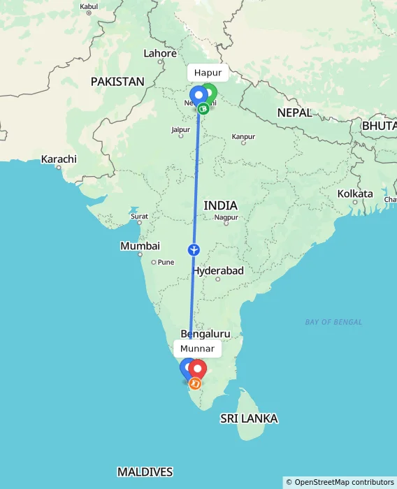 Route map showing distance and travel time from Hapur, India to Munnar, India