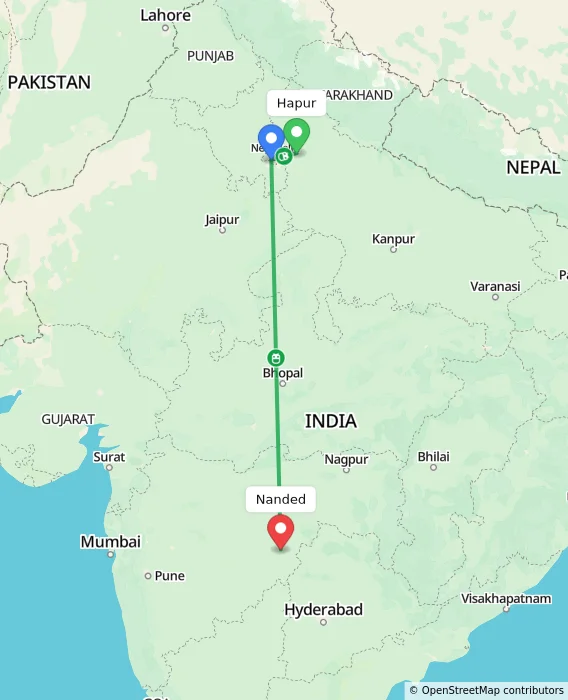 Route map showing distance and travel time from Hapur, India to Nanded, India