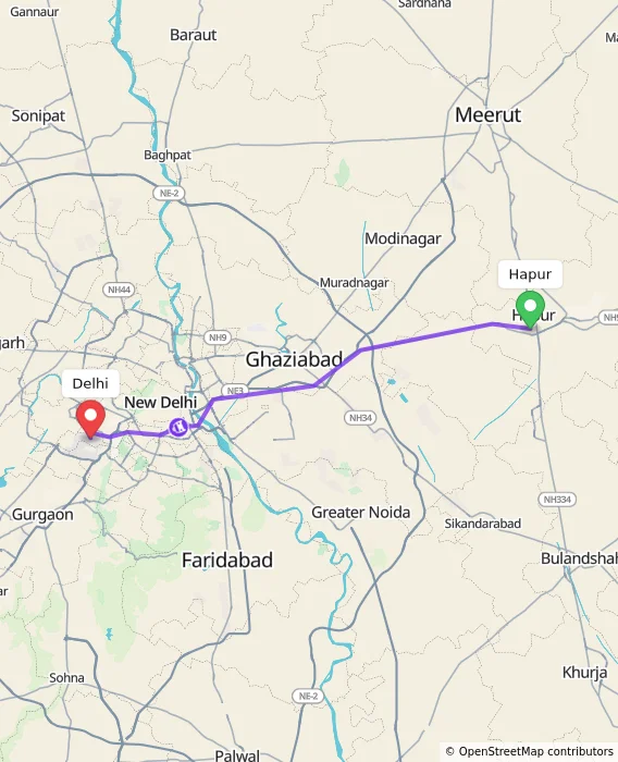 Route map showing distance and travel time from Hapur, India to Delhi, India
