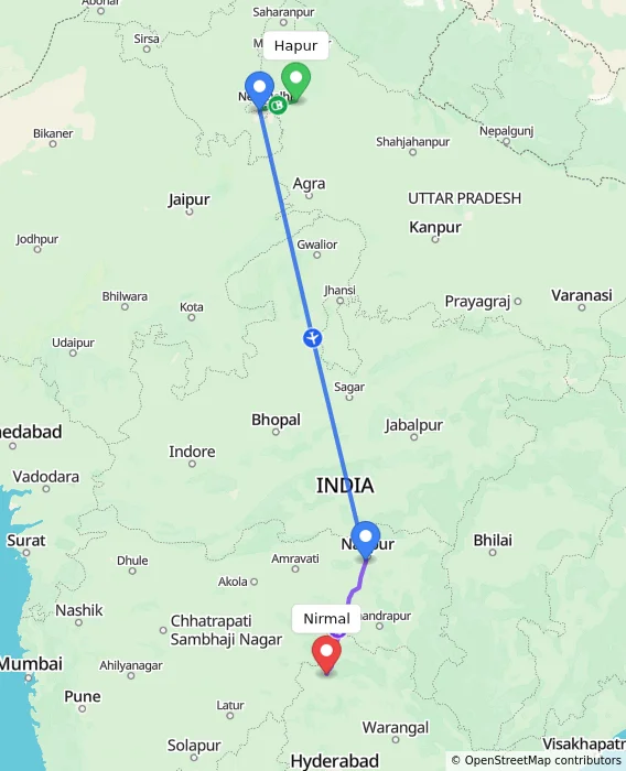 Route map showing distance and travel time from Hapur, India to Nirmal, India
