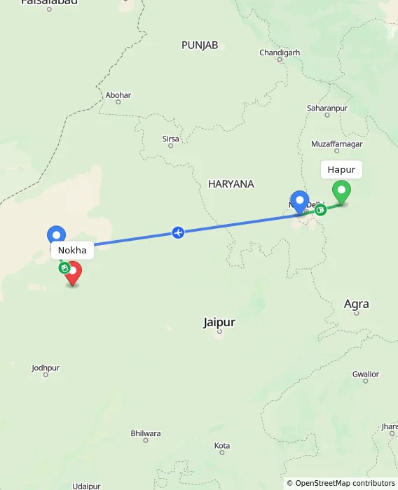 Route map showing distance and travel time from Hapur, India to Nokha, India