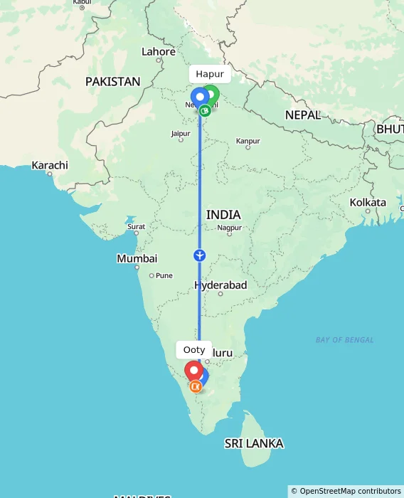 Route map showing distance and travel time from Hapur, India to Ooty, India