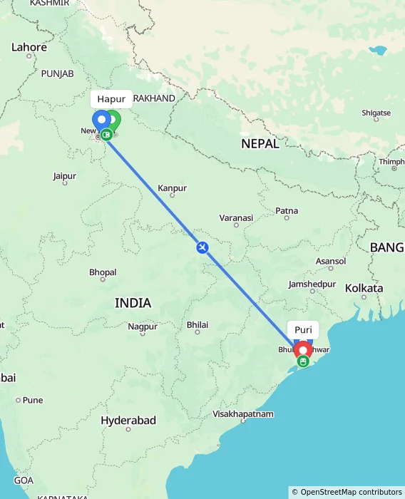Route map showing distance and travel time from Hapur, India to Puri, India
