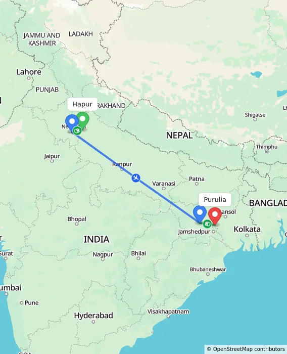 Route map showing distance and travel time from Hapur, India to Purulia, India