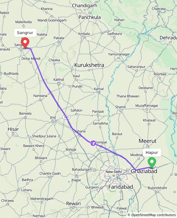 Route map showing distance and travel time from Hapur, India to Sangrur, India