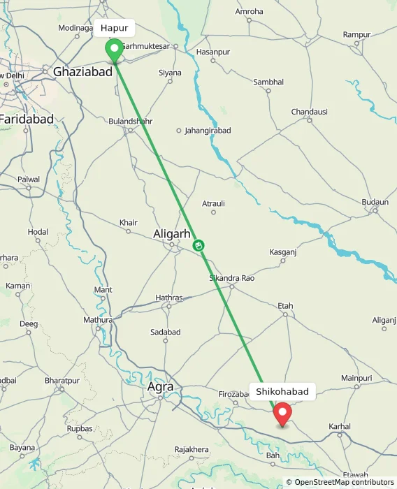 Route map showing distance and travel time from Hapur, India to Shikohabad, India