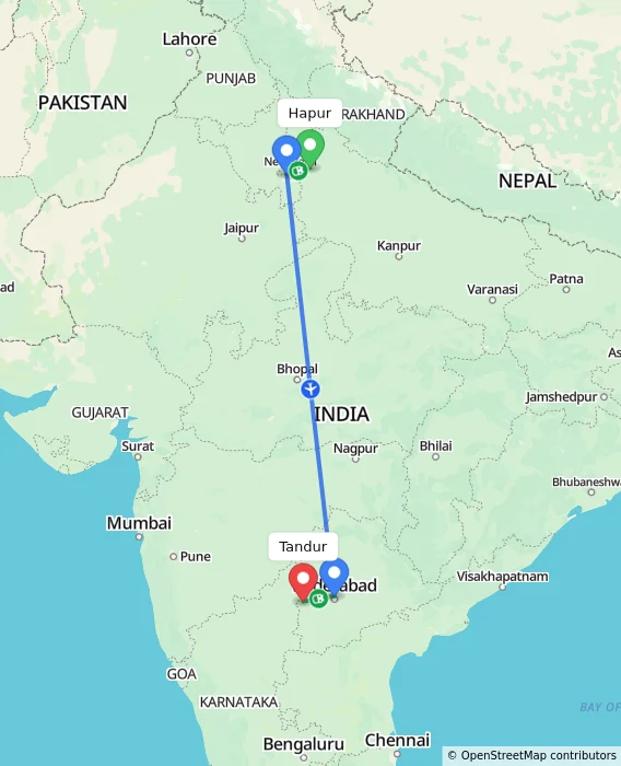 Route map showing distance and travel time from Hapur, India to Tandur, India