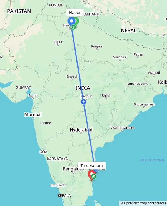 Route map showing distance and travel time from Hapur, India to Tindivanam, India