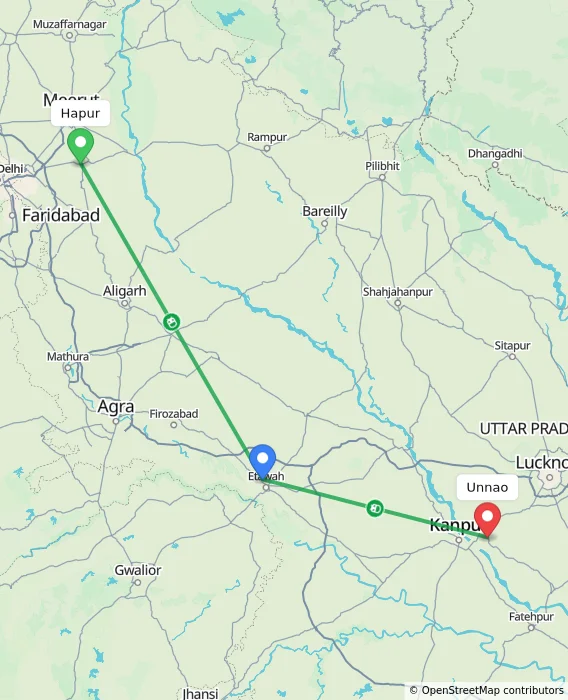 Route map showing distance and travel time from Hapur, India to Unnao, India