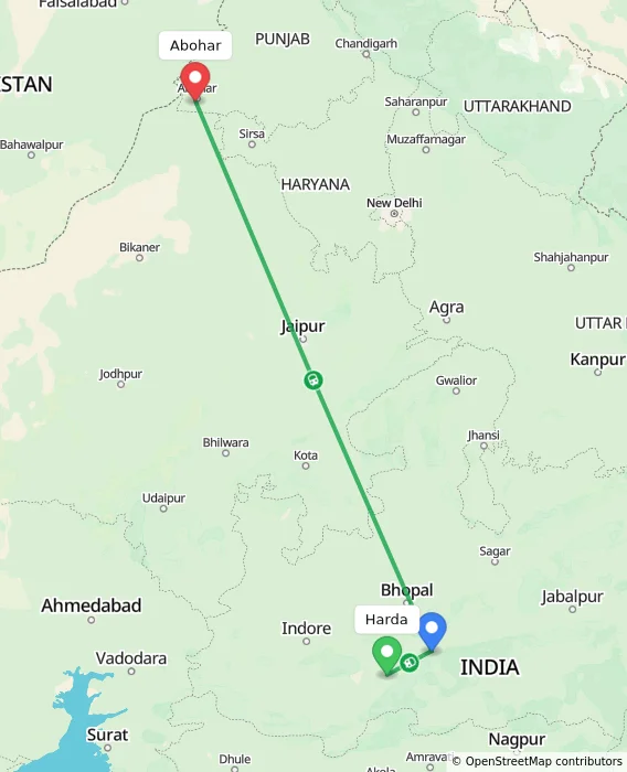 Route map showing distance and travel time from Harda, India to Abohar, India