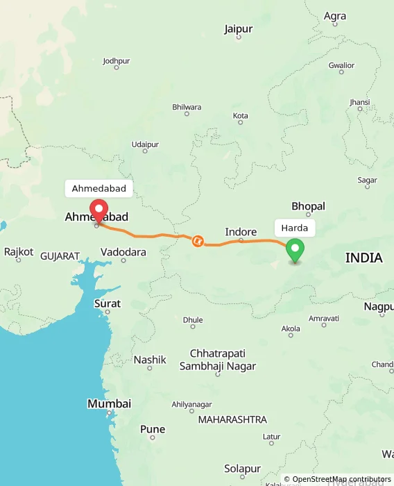 Route map showing distance and travel time from Harda, India to Ahmedabad, India