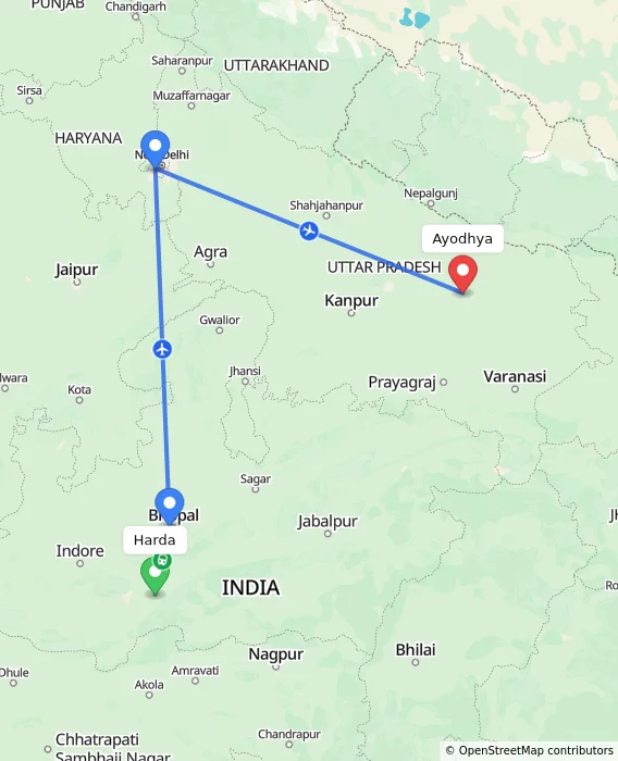 Route map showing distance and travel time from Harda, India to Ayodhya, India