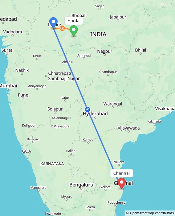 Route map showing distance and travel time from Harda, India to Chennai, India