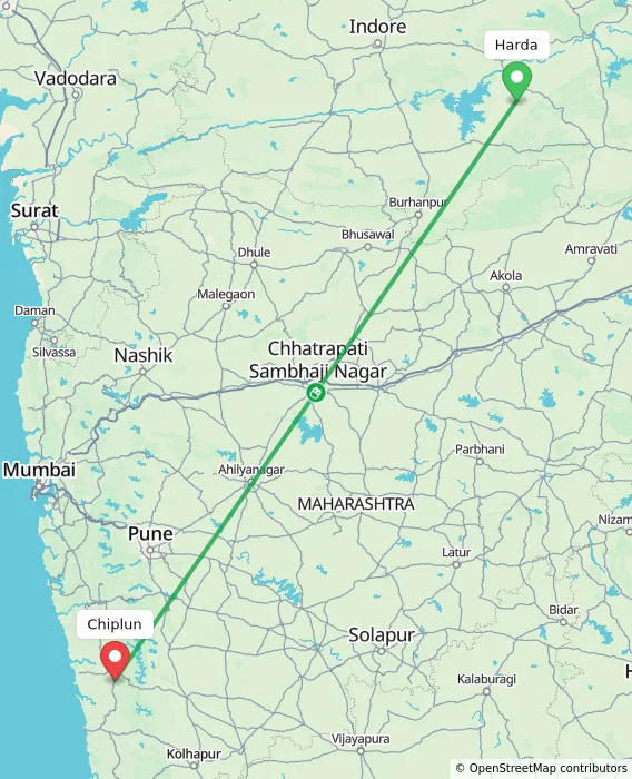 Route map showing distance and travel time from Harda, India to Chiplun, India