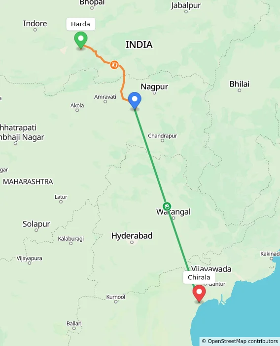 Route map showing distance and travel time from Harda, India to Chirala, India
