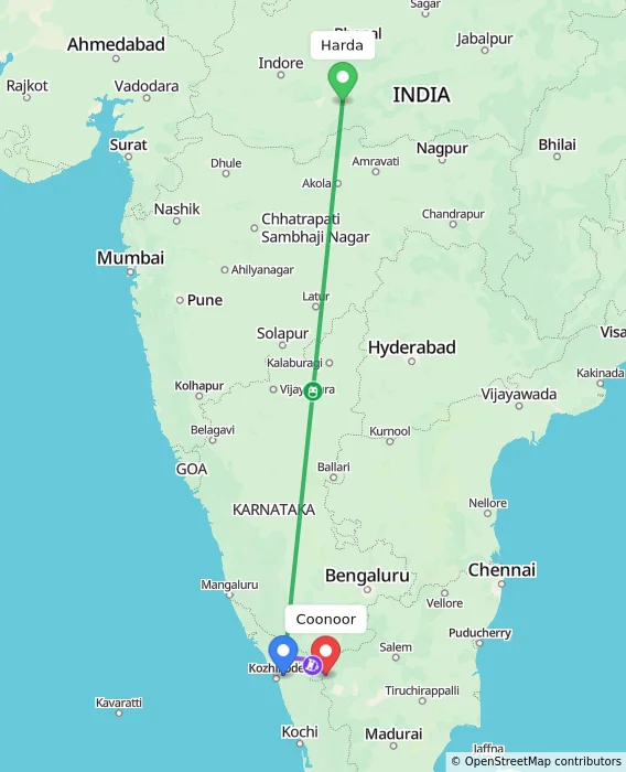 Route map showing distance and travel time from Harda, India to Coonoor, India
