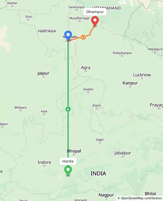 Route map showing distance and travel time from Harda, India to Dhampur, India