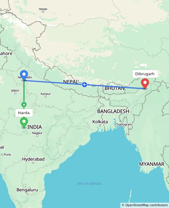 Route map showing distance and travel time from Harda, India to Dibrugarh, India