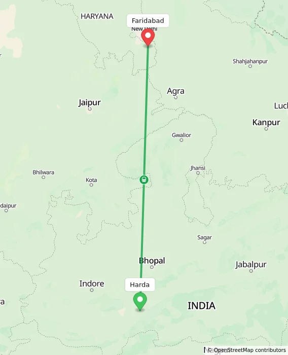 Route map showing distance and travel time from Harda, India to Faridabad, India
