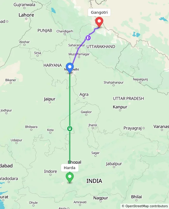 Route map showing distance and travel time from Harda, India to Gangotri, India