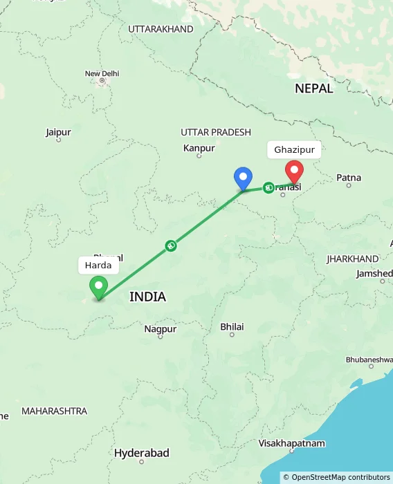 Route map showing distance and travel time from Harda, India to Ghazipur, India