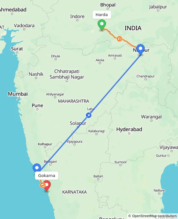 Route map showing distance and travel time from Harda, India to Gokarna, India