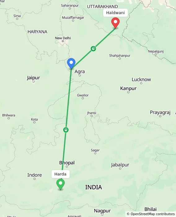 Route map showing distance and travel time from Harda, India to Haldwani, India