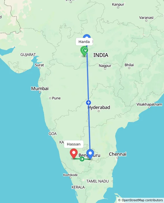 Route map showing distance and travel time from Harda, India to Hassan, India
