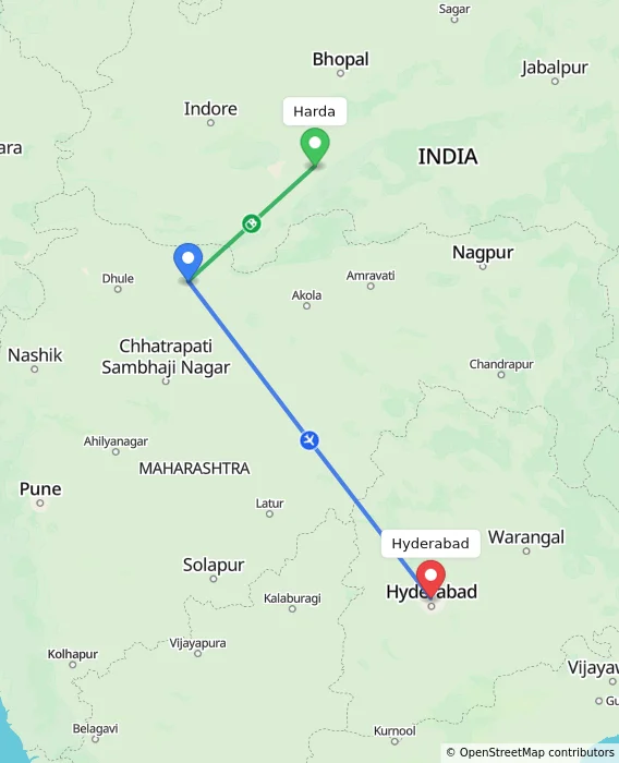 Route map showing distance and travel time from Harda, India to Hyderabad, India