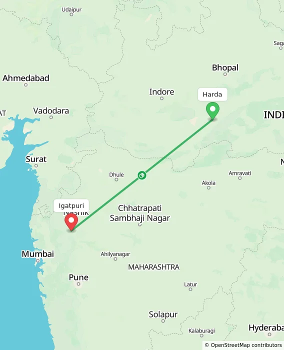 Route map showing distance and travel time from Harda, India to Igatpuri, India