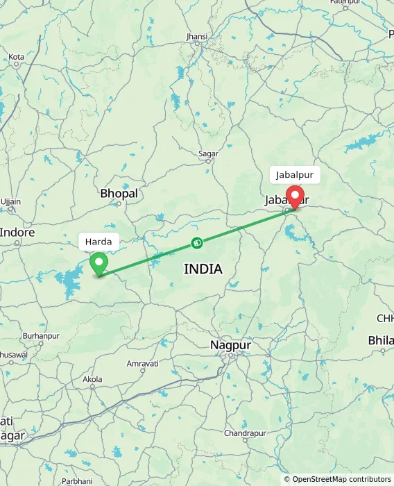 Route map showing distance and travel time from Harda, India to Jabalpur, India