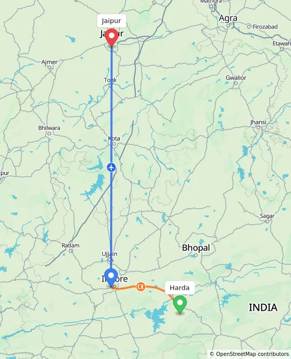 Route map showing distance and travel time from Harda, India to Jaipur, India