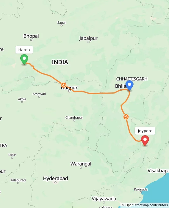 Route map showing distance and travel time from Harda, India to Jeypore, India