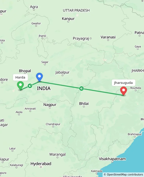 Route map showing distance and travel time from Harda, India to Jharsuguda, India