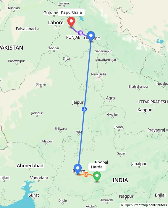 Route map showing distance and travel time from Harda, India to Kapurthala, India