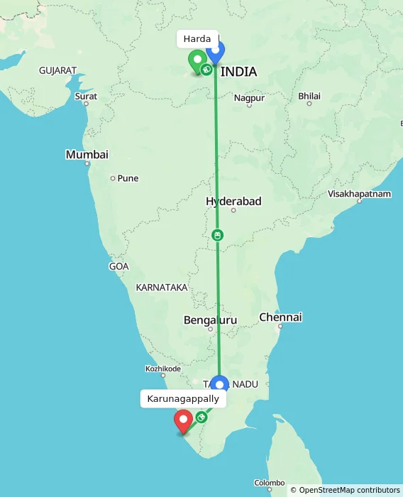 Route map showing distance and travel time from Harda, India to Karunagappally, India