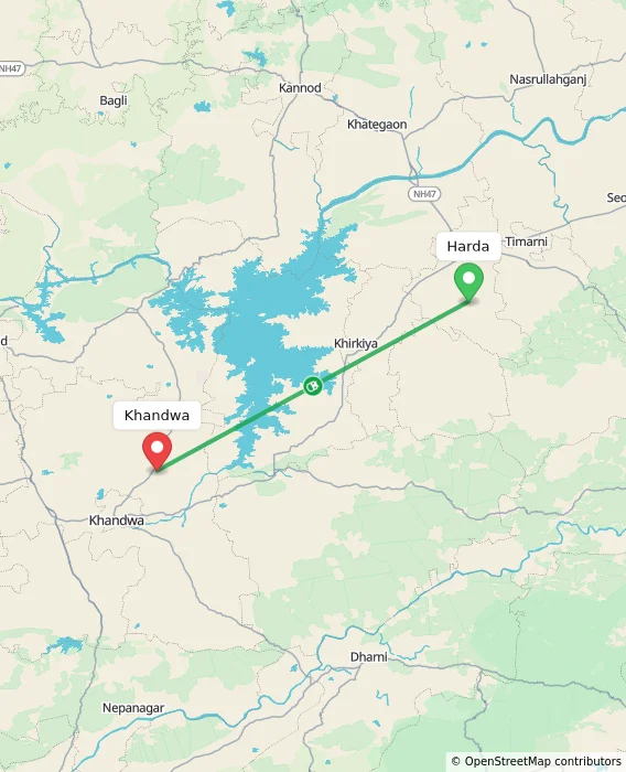 Route map showing distance and travel time from Harda, India to Khandwa, India