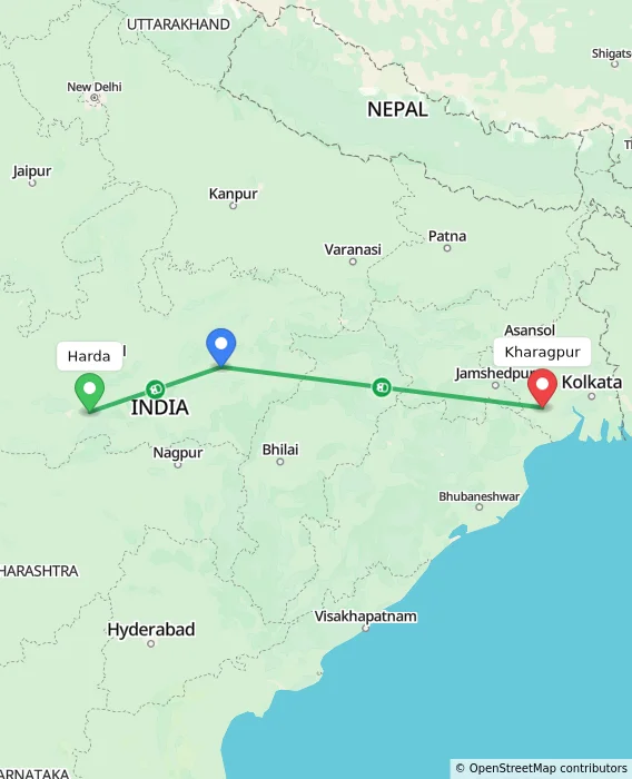 Route map showing distance and travel time from Harda, India to Kharagpur, India