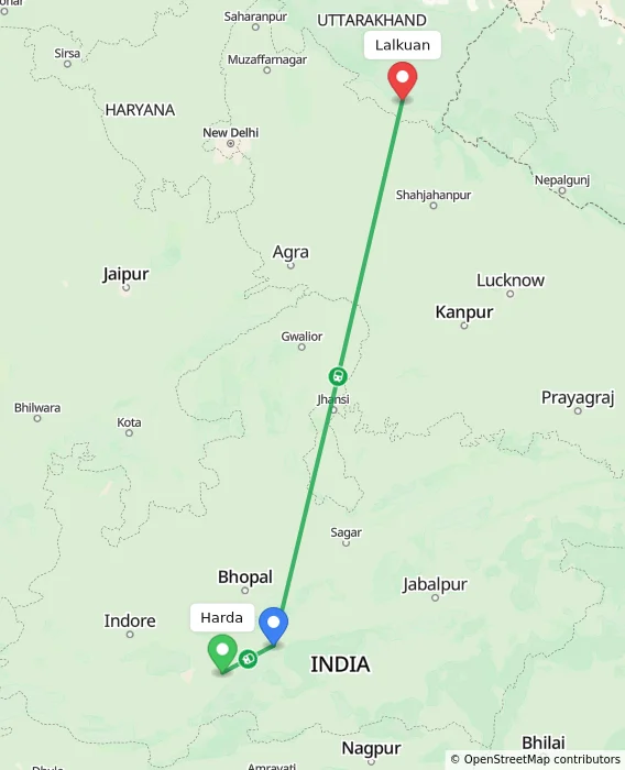 Route map showing distance and travel time from Harda, India to Lalkuan, India