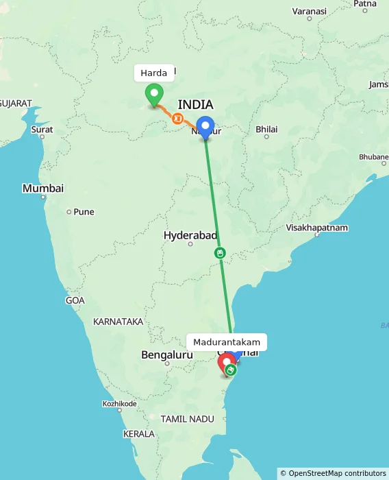 Route map showing distance and travel time from Harda, India to Madurantakam, India