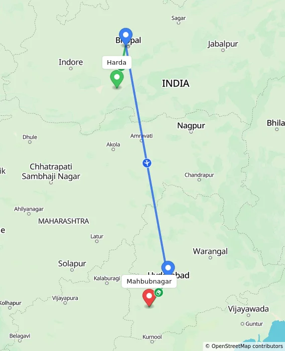 Route map showing distance and travel time from Harda, India to Mahbubnagar, India