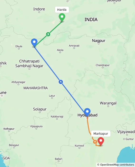 Route map showing distance and travel time from Harda, India to Markapur, India