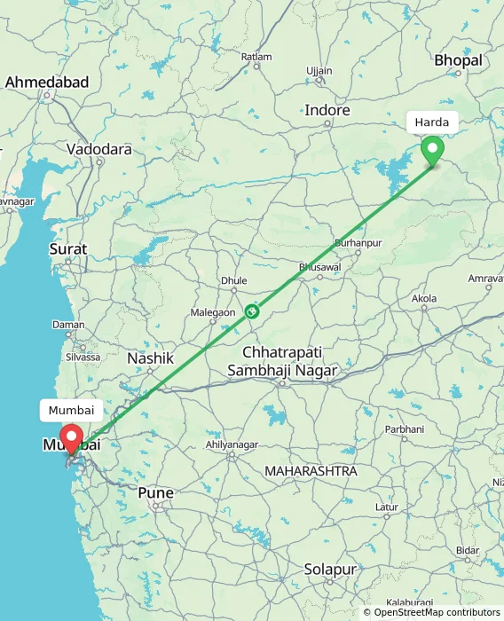 Route map showing distance and travel time from Harda, India to Mumbai, India