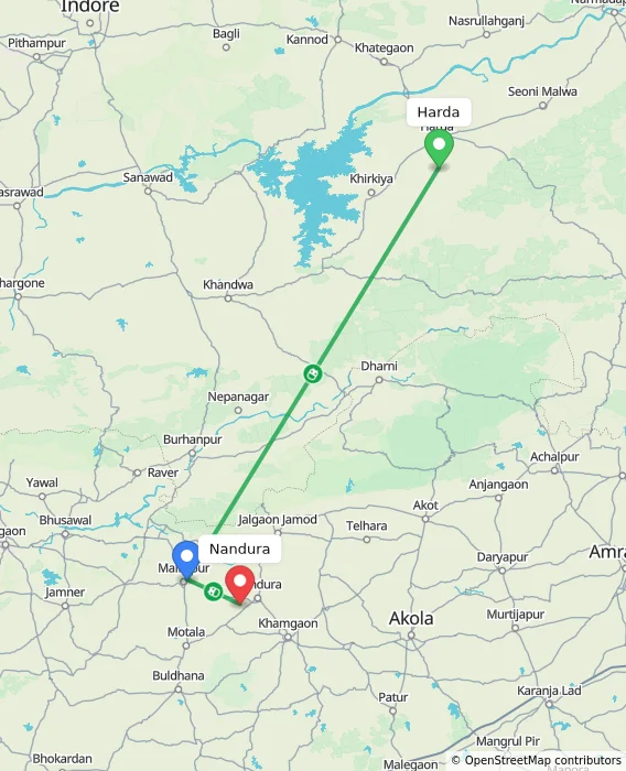 Route map showing distance and travel time from Harda, India to Nandura, India