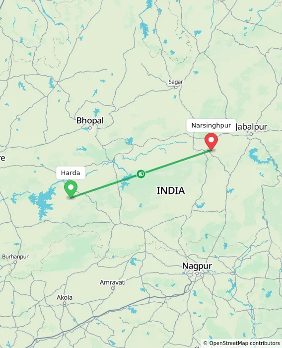 Route map showing distance and travel time from Harda, India to Narsinghpur, India