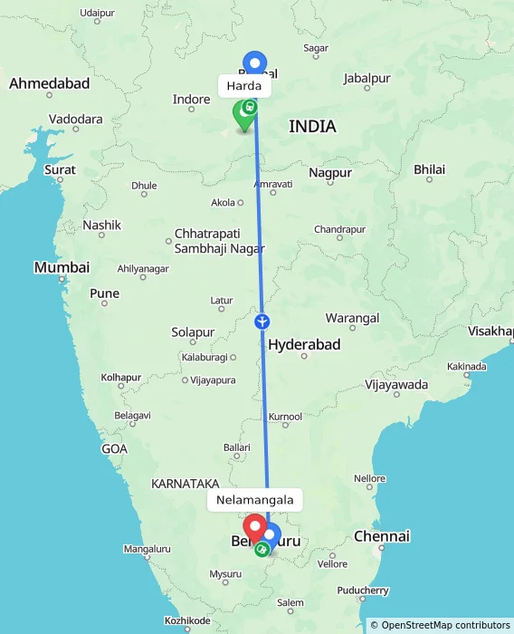 Route map showing distance and travel time from Harda, India to Nelamangala, India